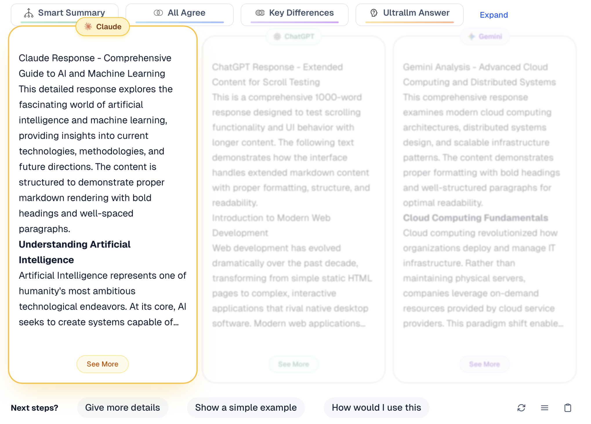Cuspian three-model comparison interface showing Claude, ChatGPT, and Gemini